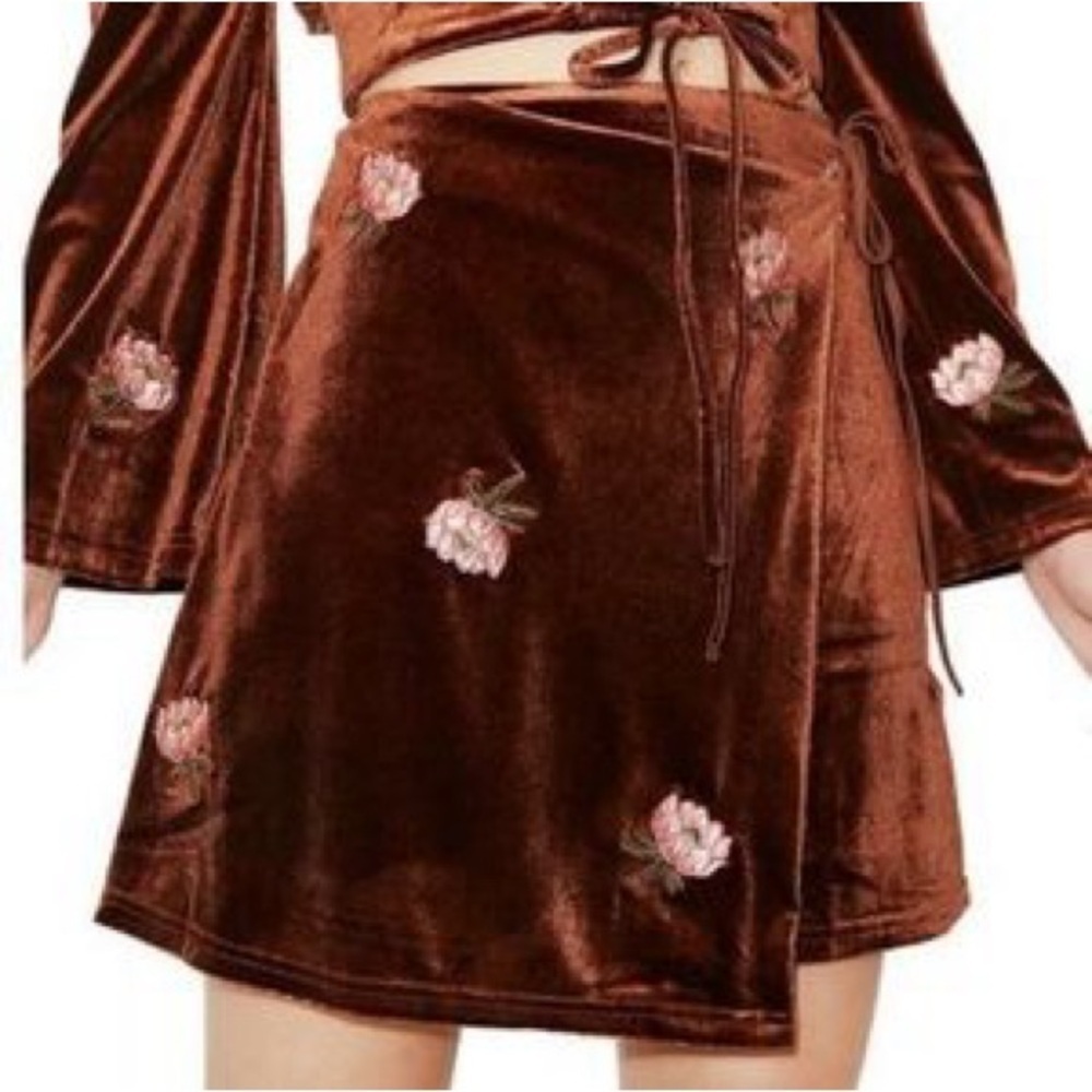 Honey Belle Chocolate Brown Velvet Mini Skirt with Floral Embroidery